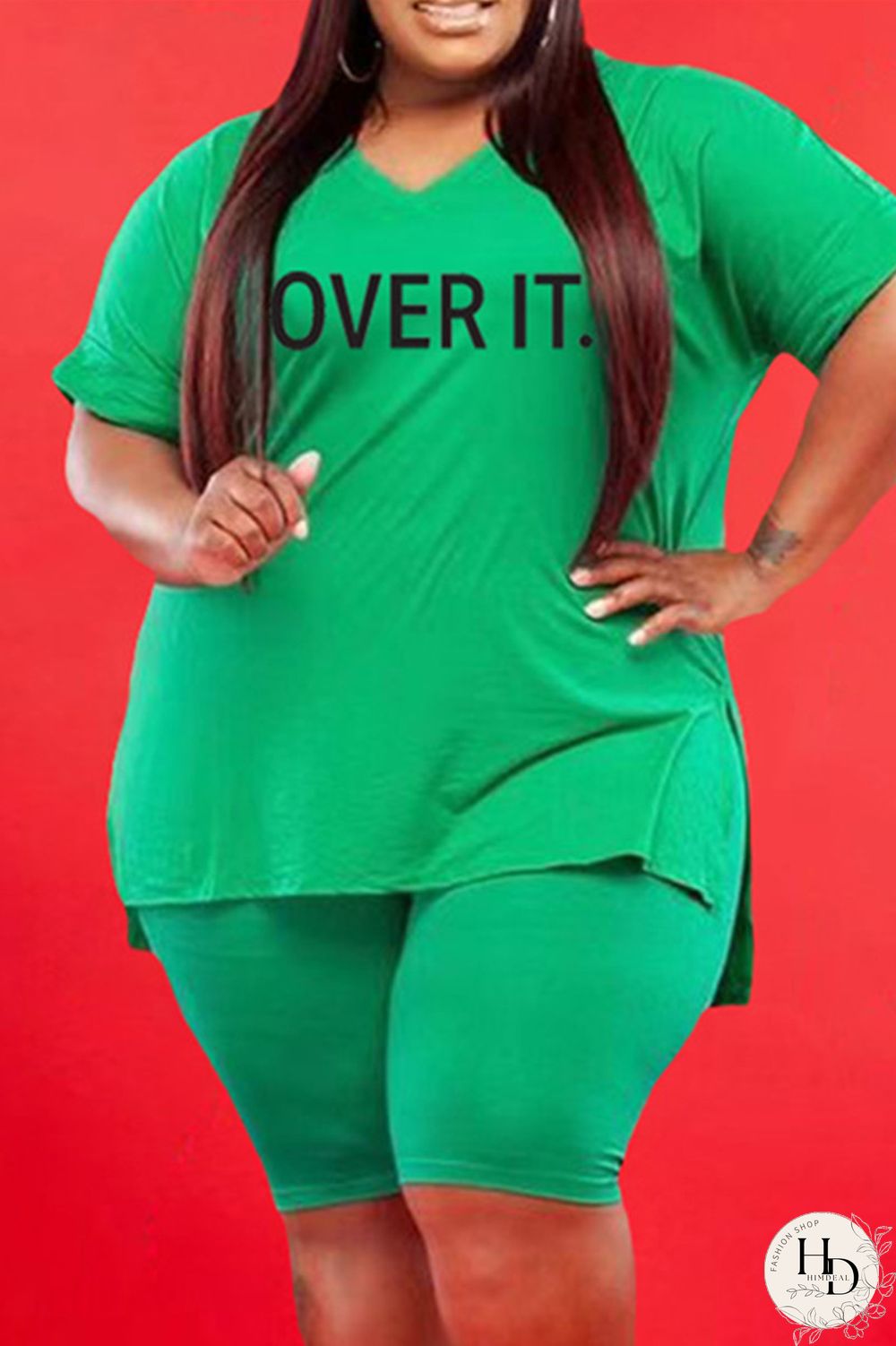 Black Fashion Casual Letter Print Slit V Neck Plus Size Two Pieces