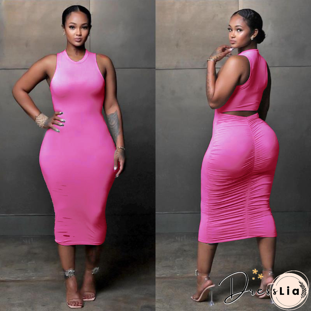 Solid Color Sleeveless Holes Draw Pleated Dresses