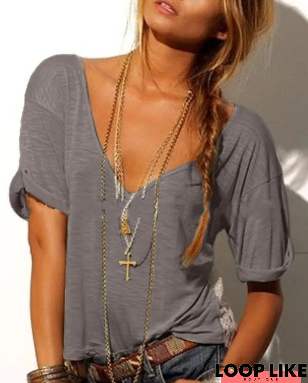 Casual Solid V Neck Shirts & Tops