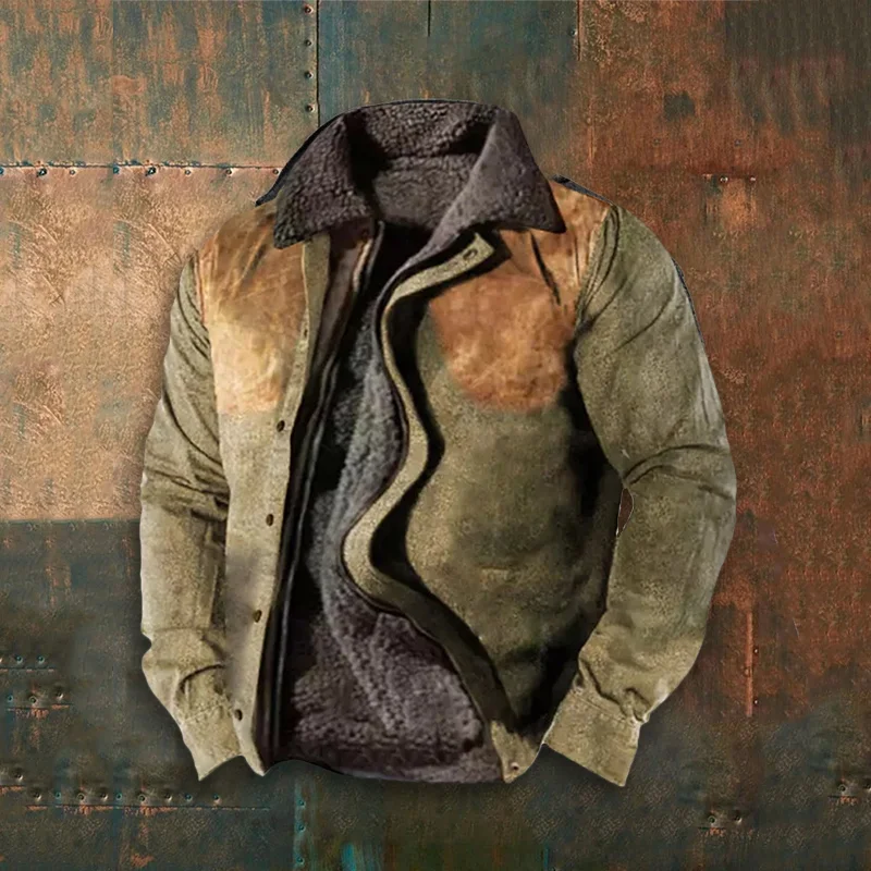 Western Retro Fur Collar Plus Fleece Color Contrast Jacket