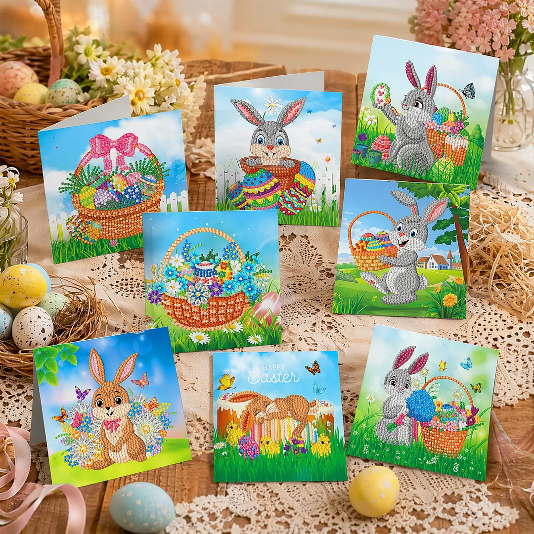 8PCS Outdoor Rabbit DIY Diamond Painting Greeting Card Kits with Envelopes Diamond Art Greeting Cards Diamond Art Cards Kits for Adults DIY Crafts Family Friend Gifts