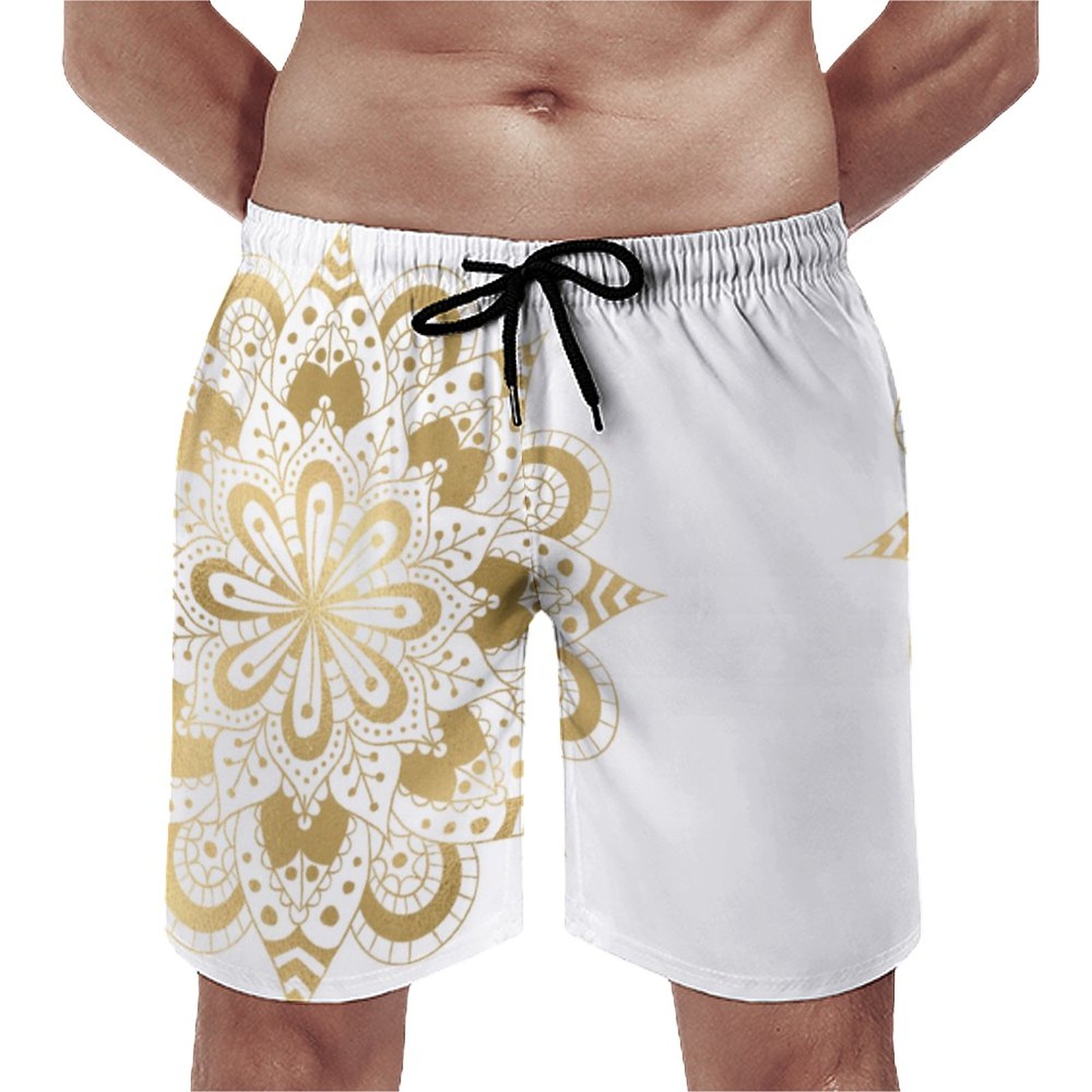 Gold Mandala White Boho Elegant Men's Swim Trunks Summer Board Shorts Quick Dry Beach Short with Pockets
