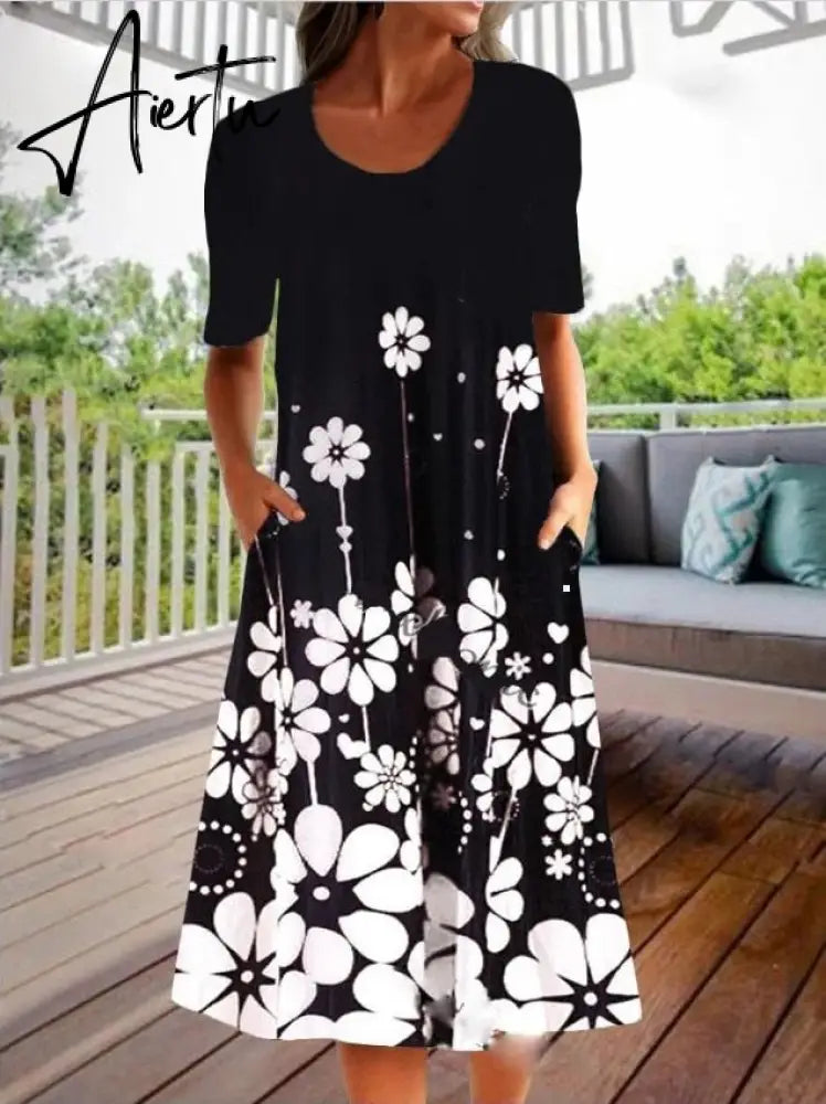 Women Spring Dresses O-neck Half Sleeve Floral Printed Dress Vintage Printed Dress A-line Skirt Summer Mid-calf Loose Dress Aiertu