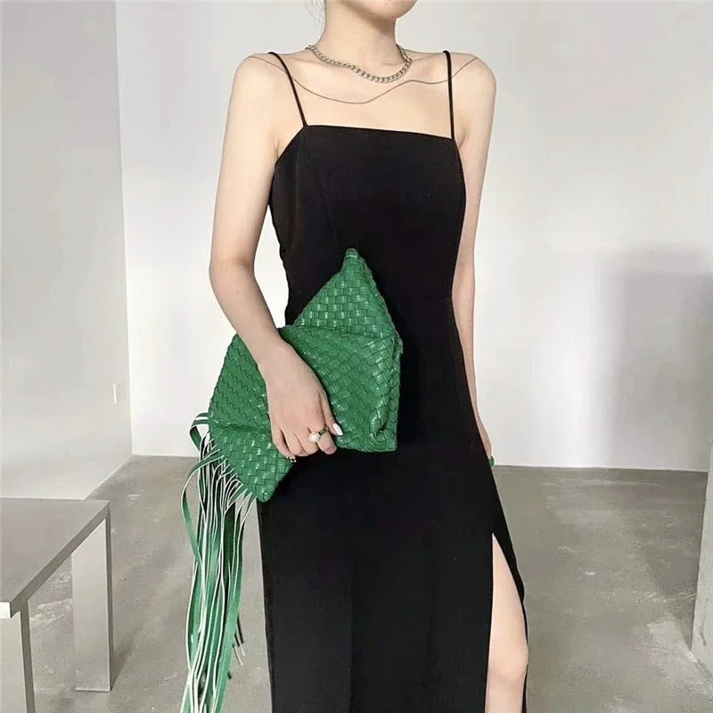 Luxury Long Tassel Clucth Bags for Women Designer Leather Woven Lady Handbags High Quality Evening Bag Large Party Female Purses