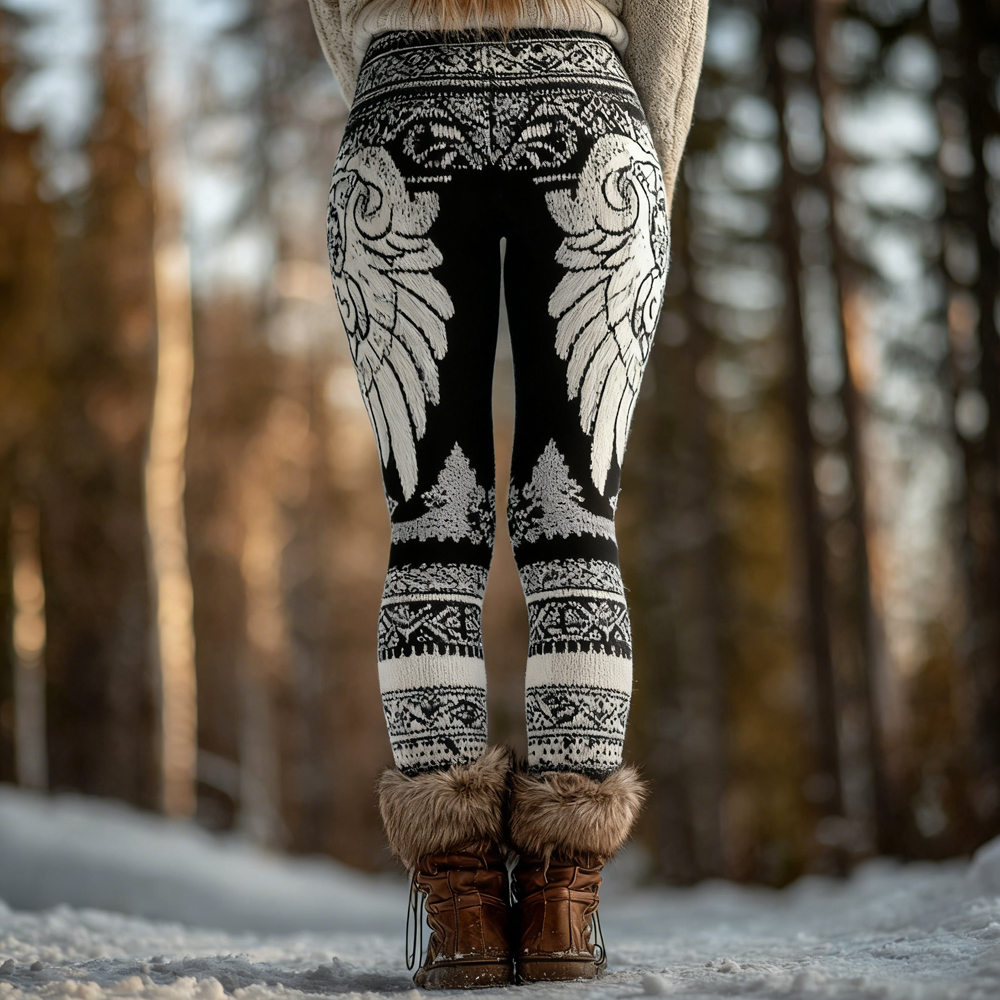 Vintage Viking Style Angel Wings Art Cozy Knit Leggings elevenforest