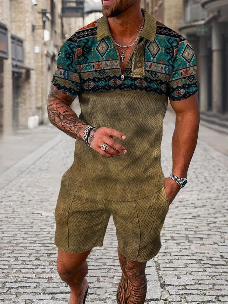 Men's Ethnic Style Printed Polo Suit