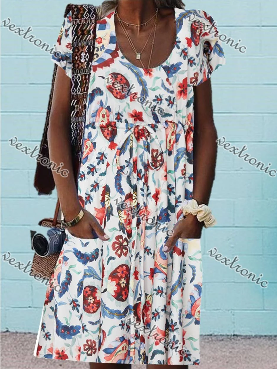 Women Short Sleeve V-neck Feather Floral Printed Midi Dress With Pockets