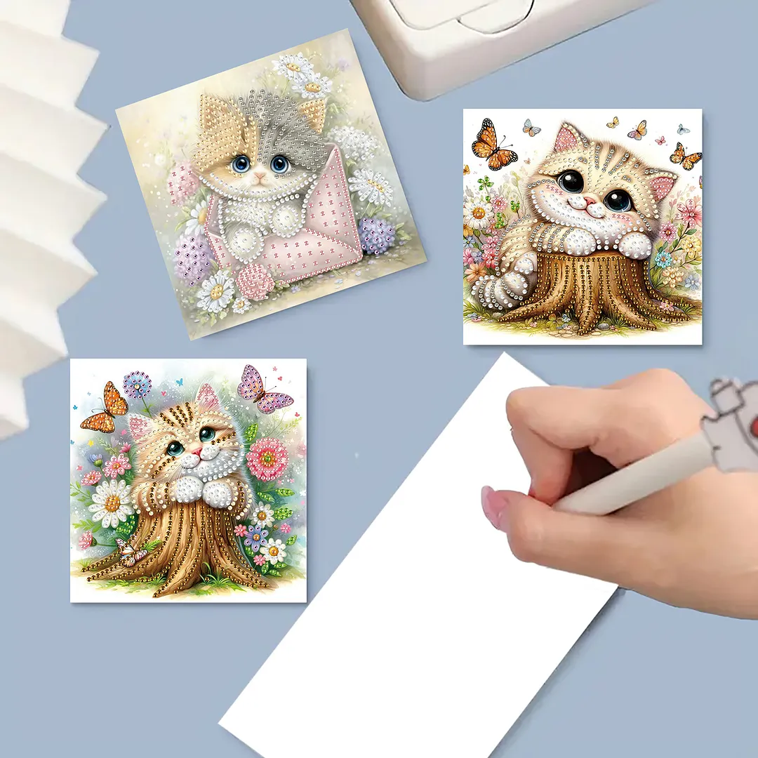 6pcs Cat And Flower Pattern DIY Diamond Painting Greeting Card Set with Envelope Diamond Painting Daily Wishing Cards for Birthdays Thanksgiving & Special Occasion