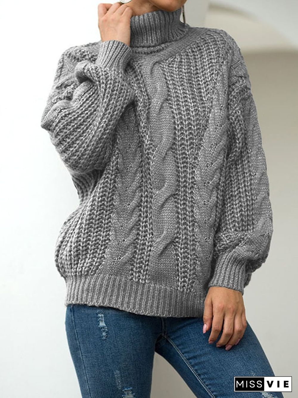 Women's Fashion Slouchy Cable Knit High Neck Pullover Sweater