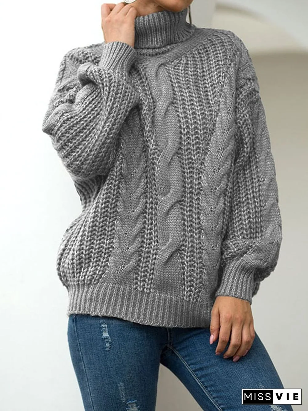 Women's Fashion Slouchy Cable Knit High Neck Pullover Sweater