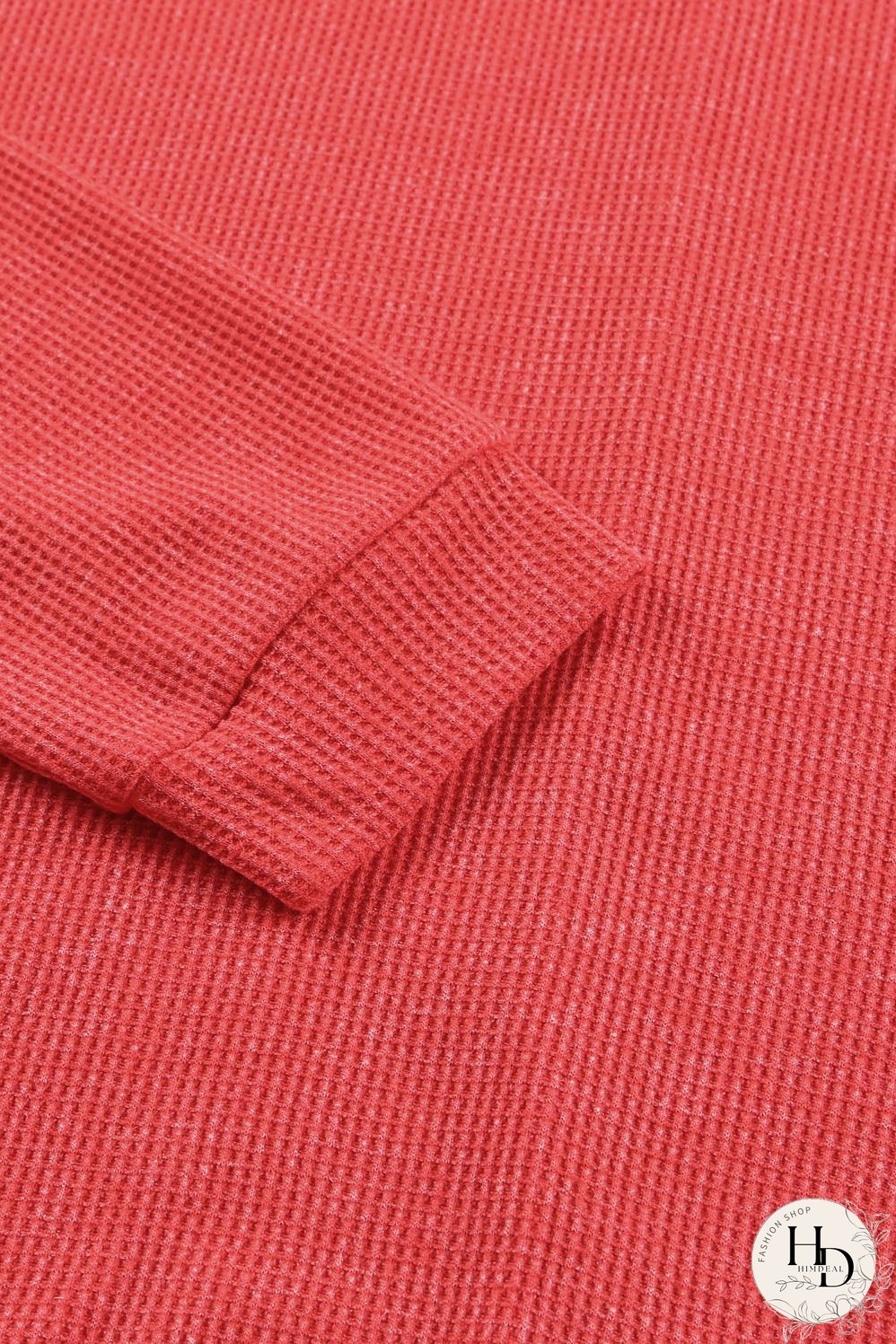 Washed Red Waffle Knit Side Slit Long Sleeve Top