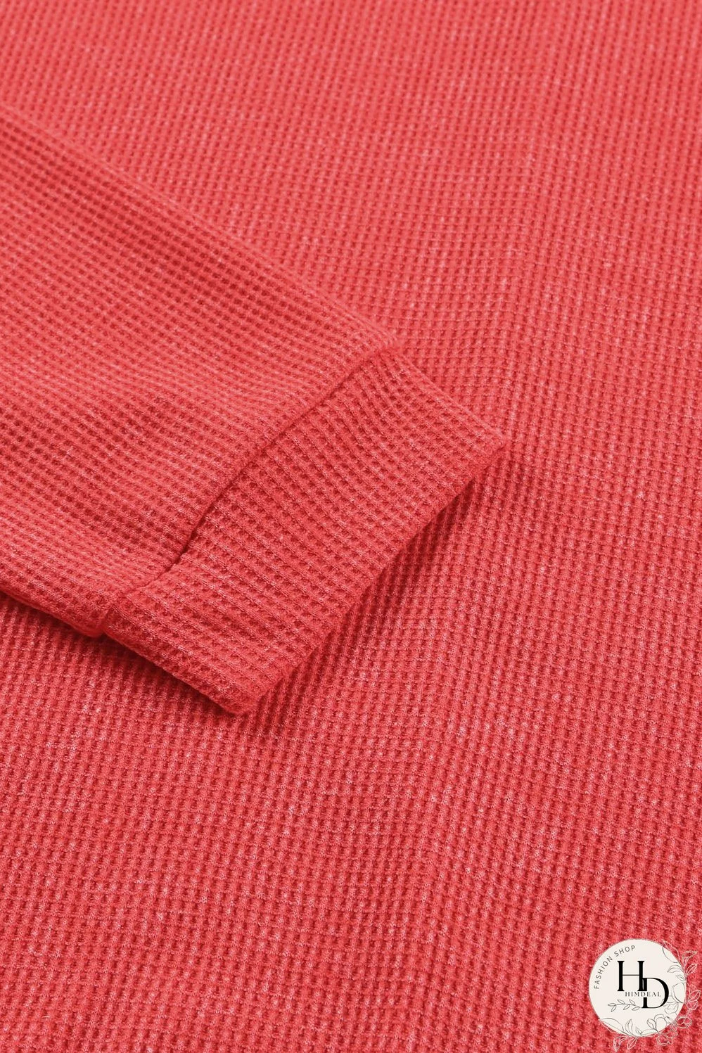 Washed Red Waffle Knit Side Slit Long Sleeve Top