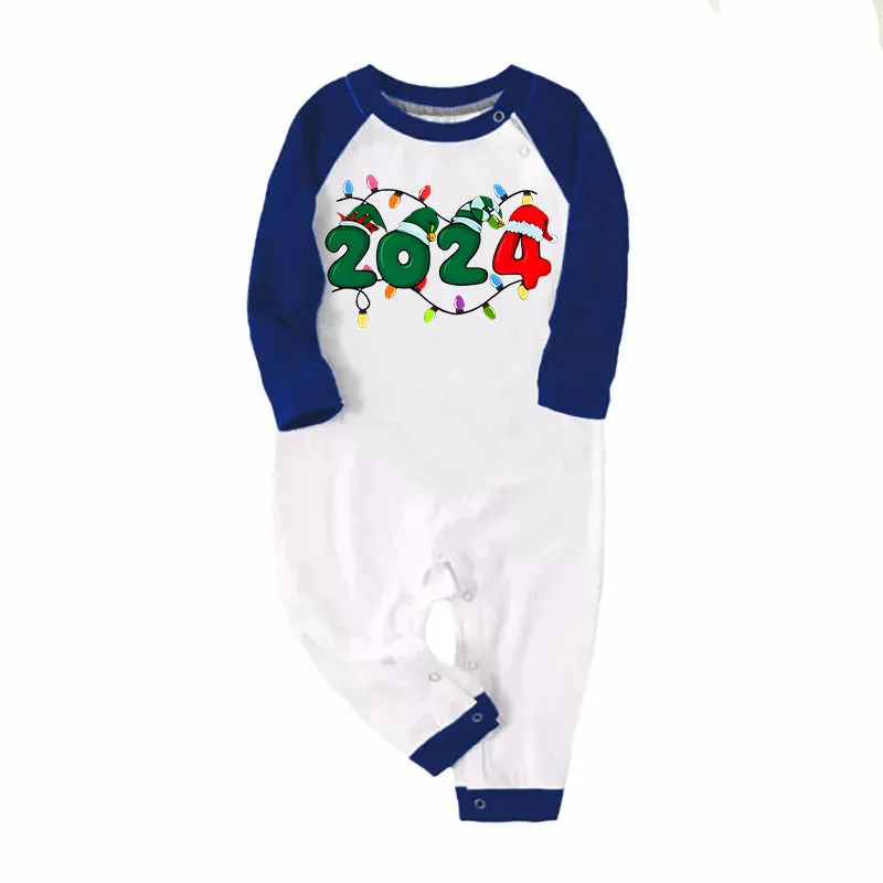 Christmas "2024" Letter Print Blue & Black Plaid Family Matching White Pajamas With Dog