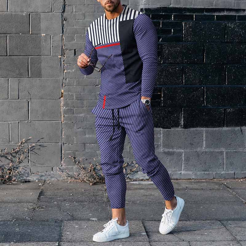 Irregular Grid Stripes Long Sleeve T-Shirt And Pants