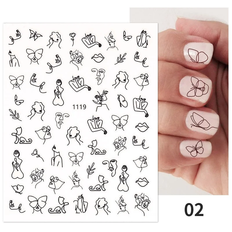 1PC 3D Nail Stickers Women Face Sketch Abstract Butterfly Image Nail Art Decoration Slider Manicure Stickers For Nails