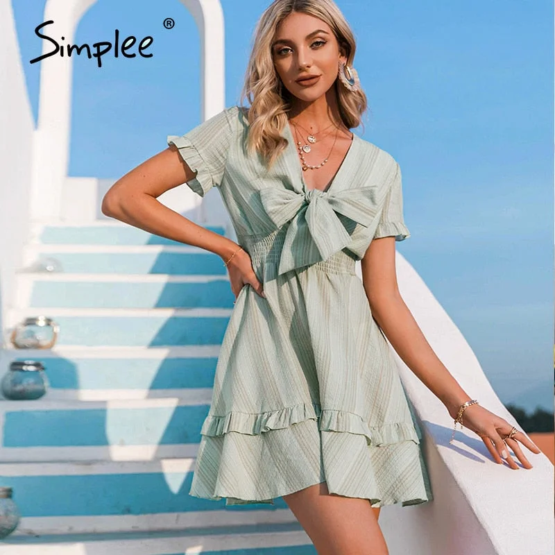 Simplee v-neck ruffle stripe short dress women Summer print casual retro dresses Bowknot lace short sleeve ofiice lady dress new