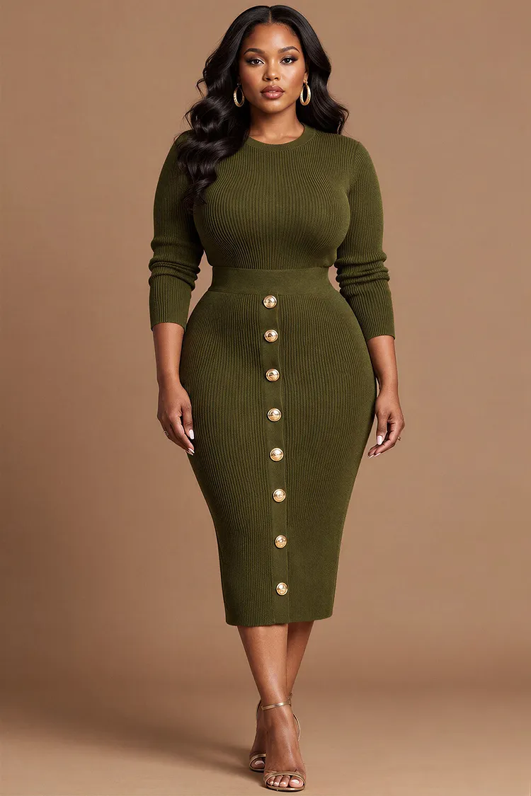 Xpluswear Design Plus Size Business Casual Green Round Neck Long Sleeve Button Bodycon Rib Knit Two Piece Skirt Sets [Pre-Order] 2024 - Xpluswear