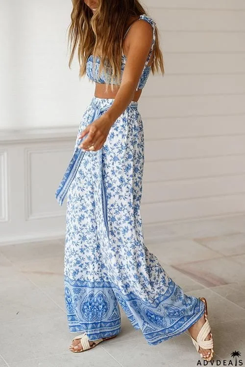 Off Shoulder Floral Print Knot Pants Set