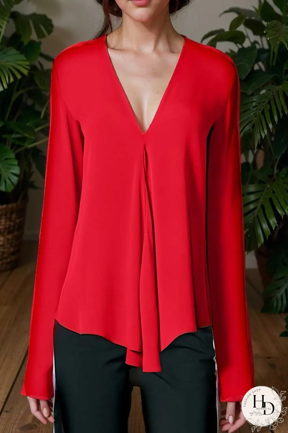 v neck long sleeved chiffon solid blouse drop shoulder closed shirt