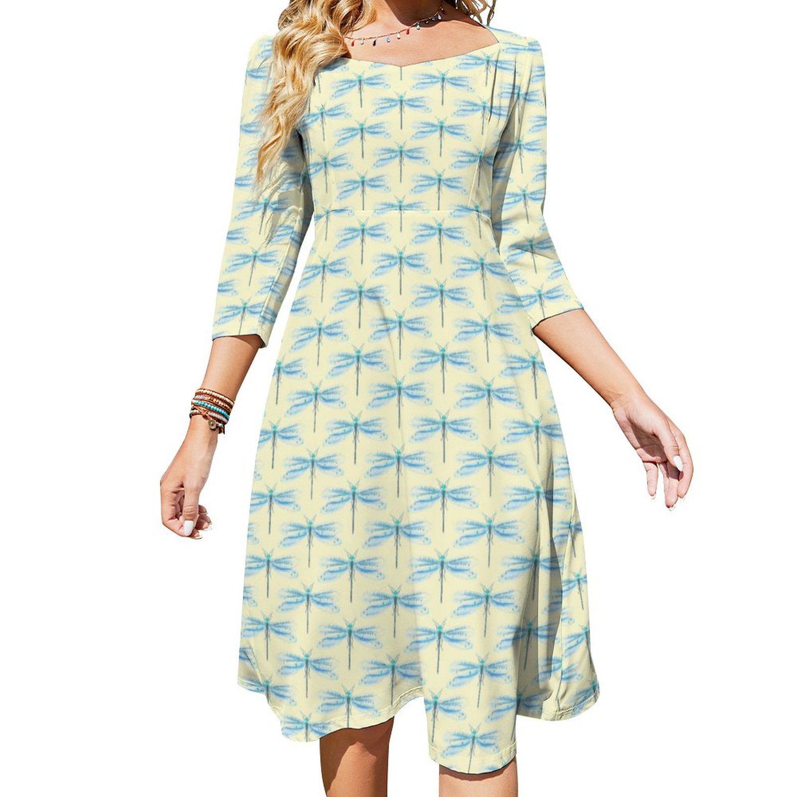 Vintage Insects Blue Damselfly Pattern Dress Sweetheart Tie Back Flared 3/4 Sleeve Midi Dresses