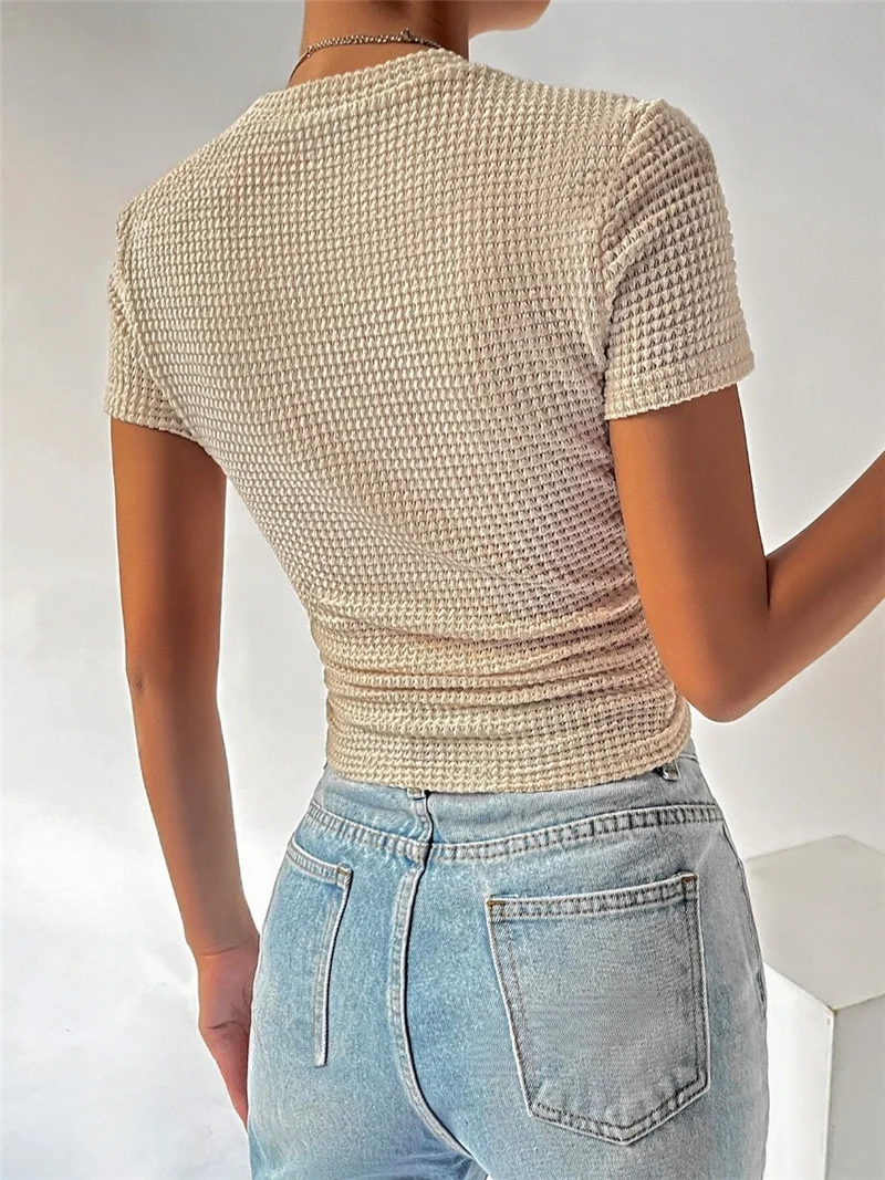 Athvotar Athvotar And Summer New Products To Repair The Folding Round Collar Knitting Short-Sleeved T-Shirt