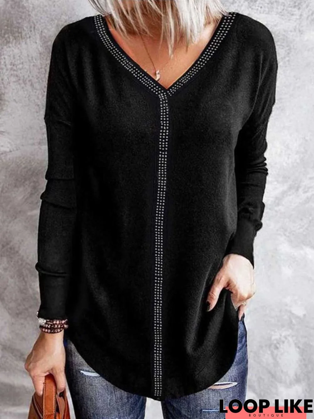 Casual JerseyV neck  Hot Drilling Plain T-Shirt TUNIC