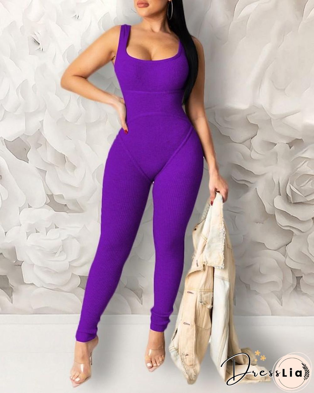 Solid U-neck Thick Strap Jumpsuit P15328