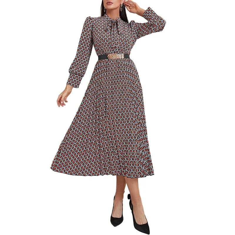 2022 Spring Summer Women Clothing Boho Allover Geometric Print Long Sleeve Stand Collar Bust Tie (Without Belt) Long Dress