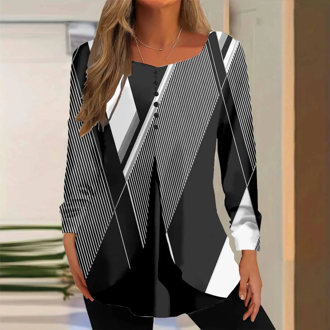 Women Plaid,Black DZGG8332 Long Sleeve Scoop Neck Printed Graphic Button Fake 2in1 Tops