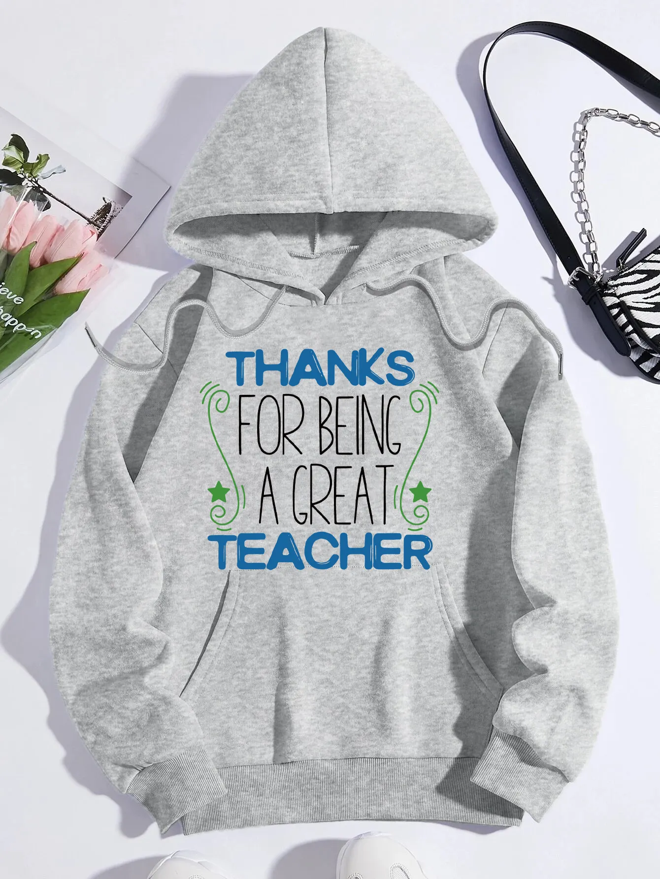 Printed on front Kangaroo Pocket Hoodie Long Sleeve for Women Pattern Thank you teacher