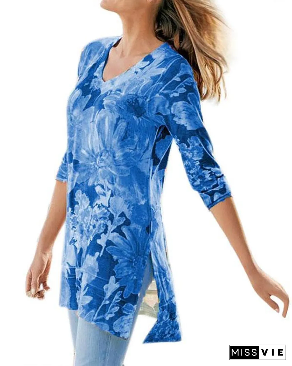 Slit Floral Print V Neck Long Sleeve T-shirts