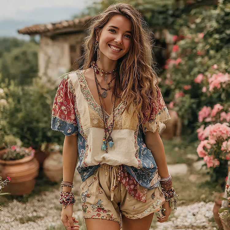 Women's Vintage Floral Patch Short Sleeve Top