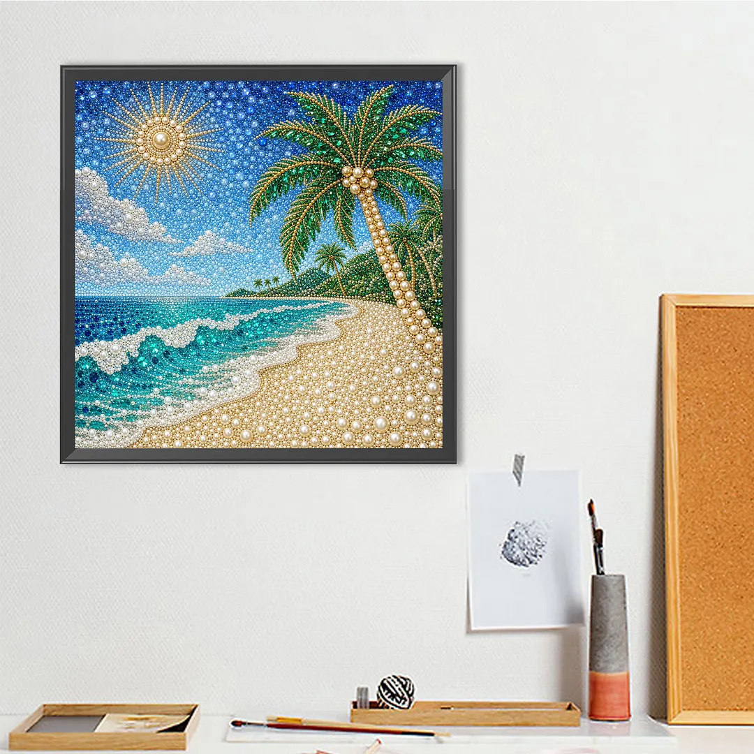 Summer Beach Pearl Full DIY 5D Round Drill Gem Art Diamond Painting Kits 15.75x15.75 in Diamond Dots Paintings Picture Arts Craft Diamond Art Kits for Adults Beginner Home Wall Decor