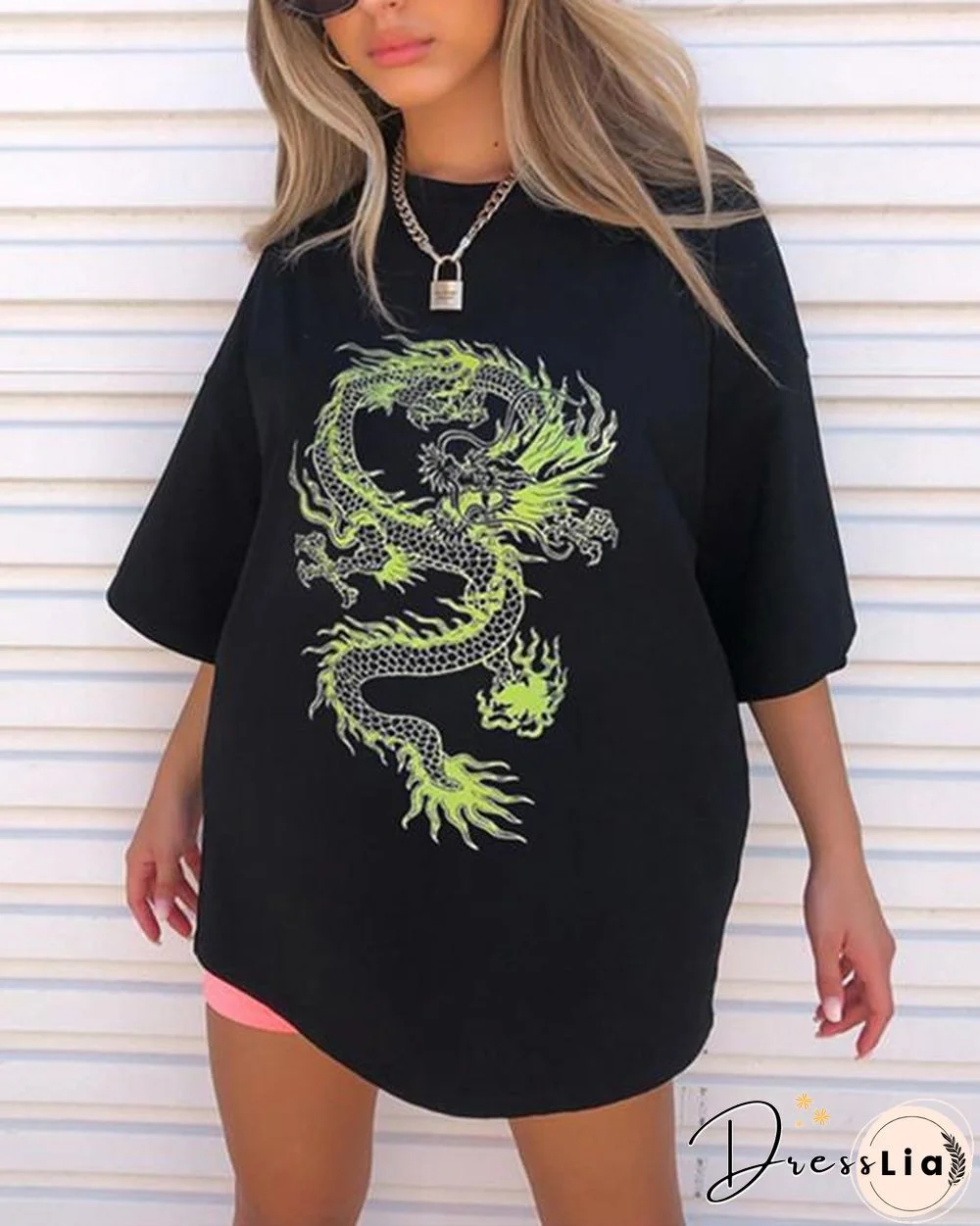 Personalized Dragon Print Loose Mid-length Short Sleeve Top Shirt