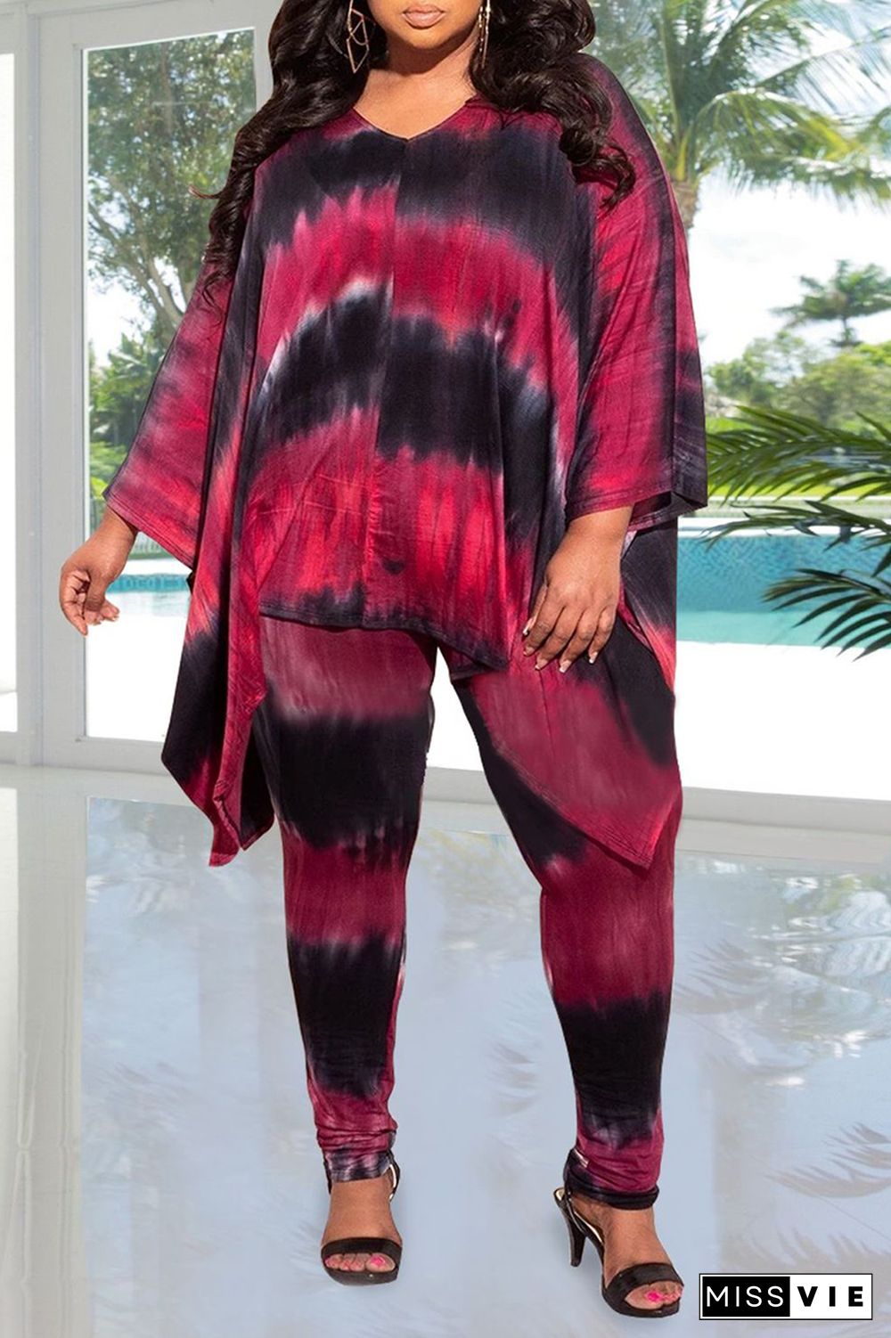 Casual Patchwork Tie-Dye V Neck Plus Size Two Pieces