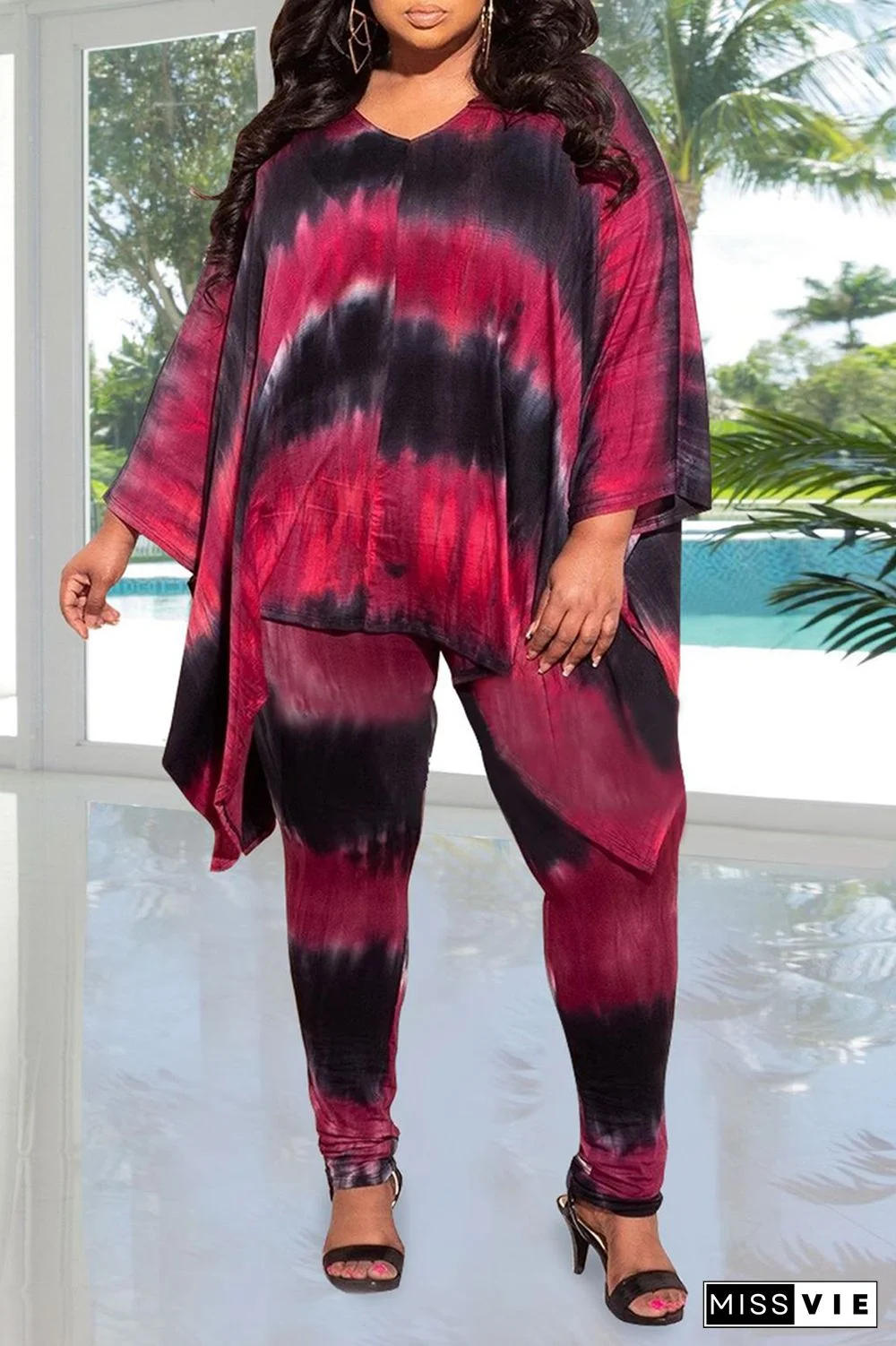 Casual Patchwork Tie-Dye V Neck Plus Size Two Pieces