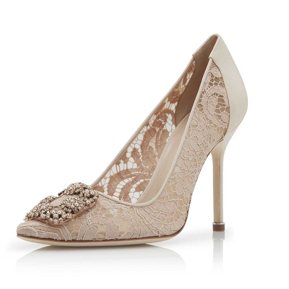 Nude Floral Lace Stiletto Heel Pumps Shoes with Crystal Buckle Design Nicepairs