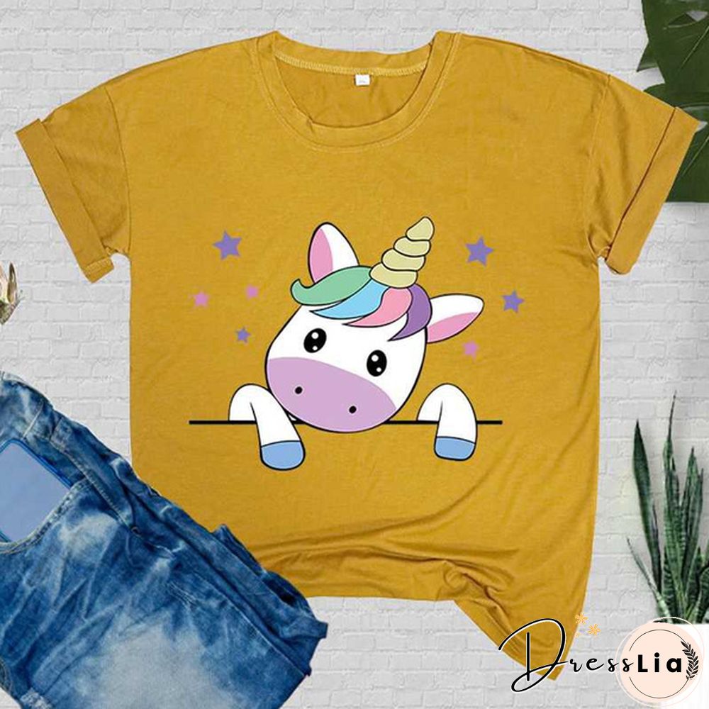 Women T-Shirt Unicorn Print Short Sleeve Casual Tee Round Neck Tops