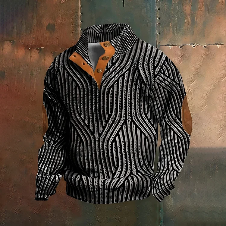 Utbros Men's Vintage Country Western Knit Henley Stand Collar Casual Sweatshirt