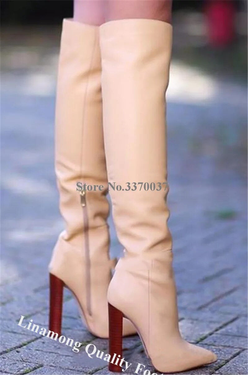VCSHOES Wooden Pattern Chunky Heels Knee High Boots Suede Patchwork Pointed Toe Long Thick Heel Boots Dress Shoes