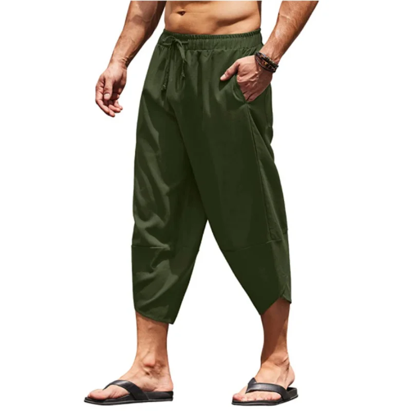 Loose Fit Leisure Trousers Drawstring Elastic Waist Solid Color Linen shorts