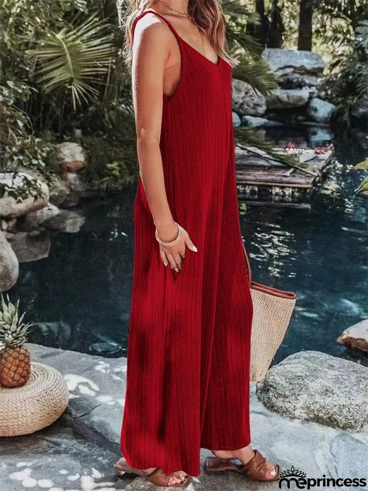 Vacation V Neck Backless Elegant Straight Leg Jumpsuit for Lady