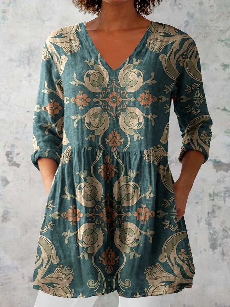 Women's Classic Retro Round Neck Floral Pattern Cotton and Linen Top