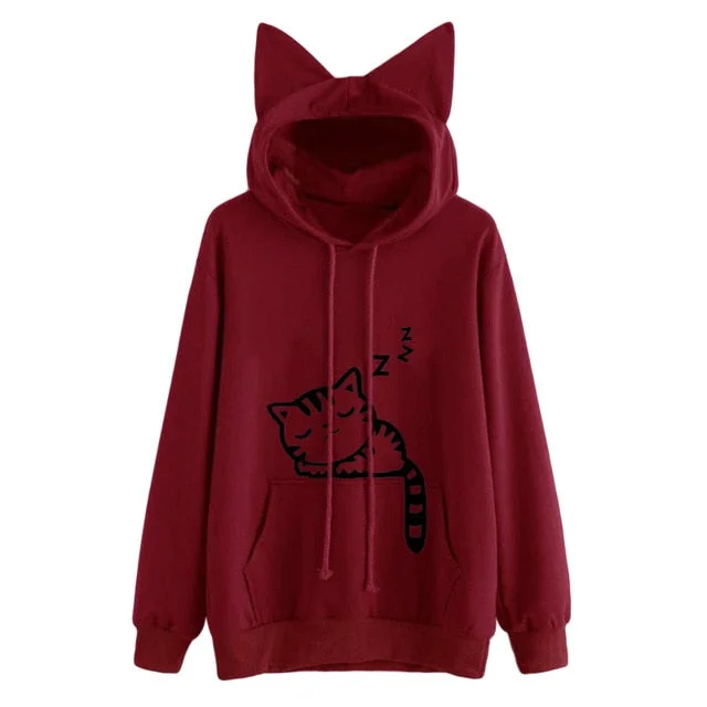 Harajuku Women Hoodies Sweatshirt Kawaii Pink Winter Cat Pattern Long Sleeve Moletom Hooded Sweatshirts Ear Hooed Mujer 2020