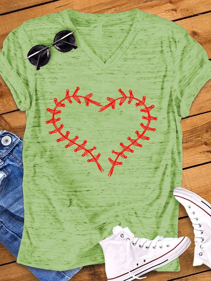 Women's Baseball Print V-Neck T-Shirt socialshop