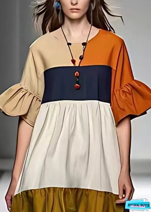 New Colorblock Wrinkled Patchwork Cotton Dresses Half Sleeve