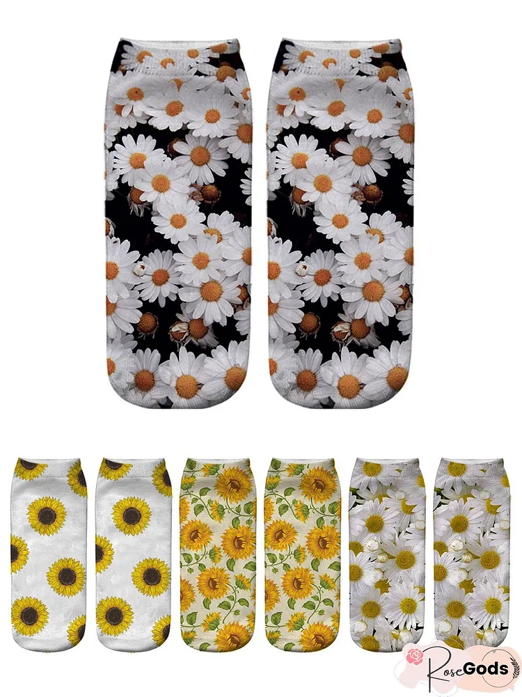Sunflower Daisy Print Cotton Knitted Socks Breathable Sweat-Wicking