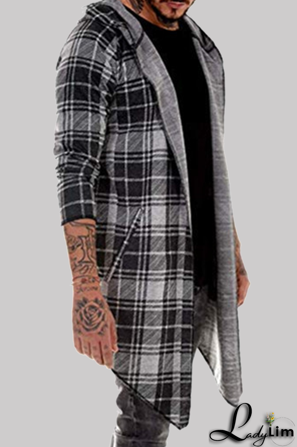 Dark Gray Fashion Casual Plaid Split Joint Hooded Collar Outerwear