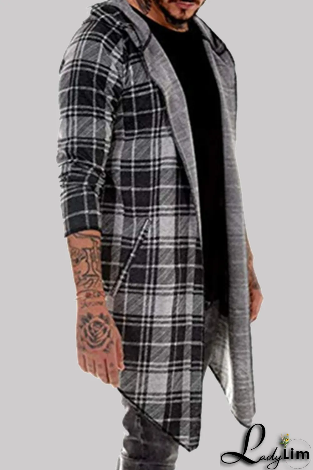 Dark Gray Fashion Casual Plaid Split Joint Hooded Collar Outerwear