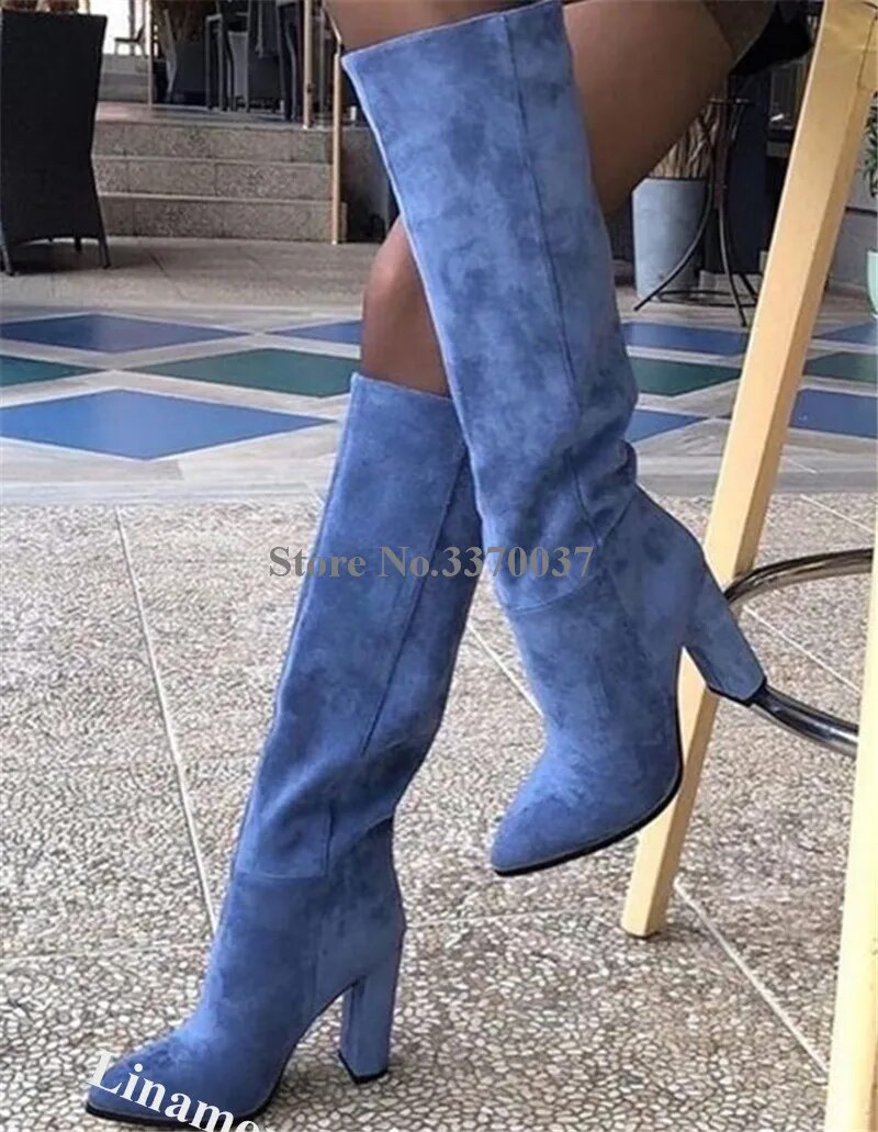 VCSHOES Pointed Toe Suede Chunky Heel Knee High Boots Blue Yellow Thick Heel Long Boots Dress Shoes